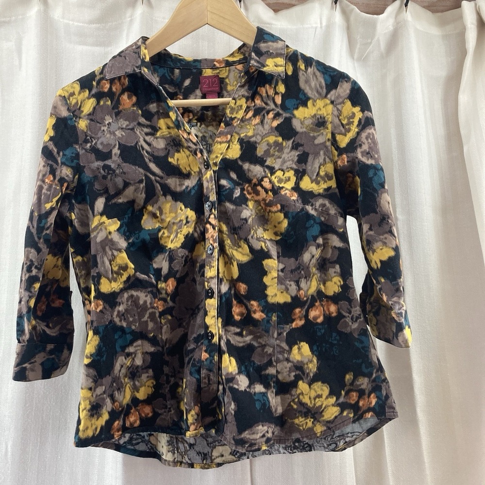 212 Collection Shirt Womens Small Petite  Brown Floral‎ 3/4 Sleeve Button Up Top